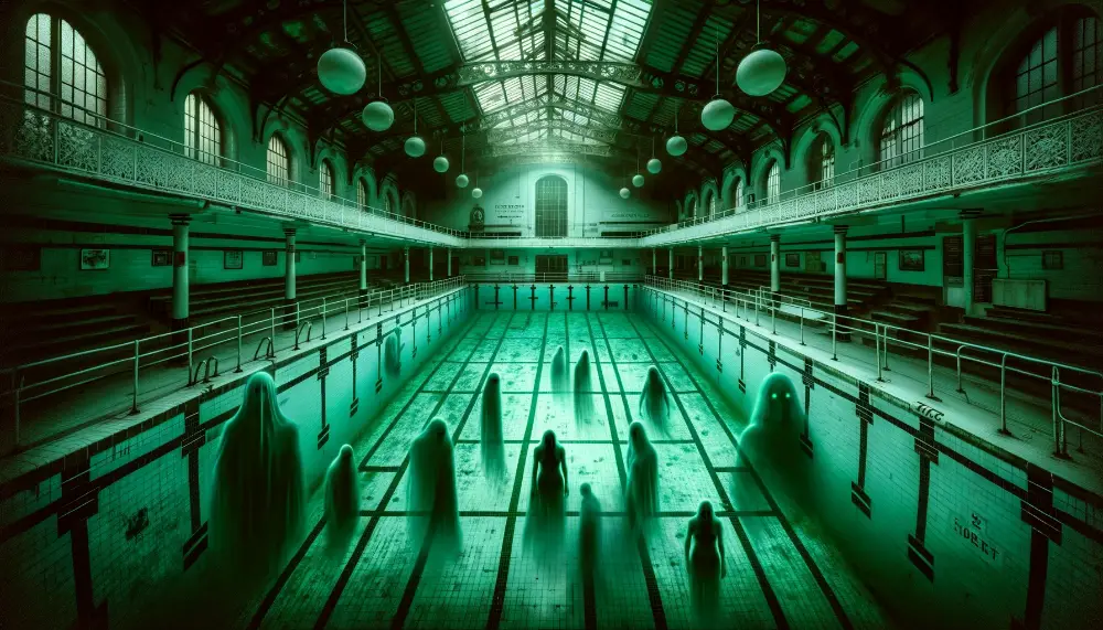 The Cornwallis Street Swimming Baths - A Ghostly Encounter 1 A chilling and spectral image of the Cornwallis Street Swimming Baths in Liverpool renowned for a ghostly encounter. The scene depicts the historic s