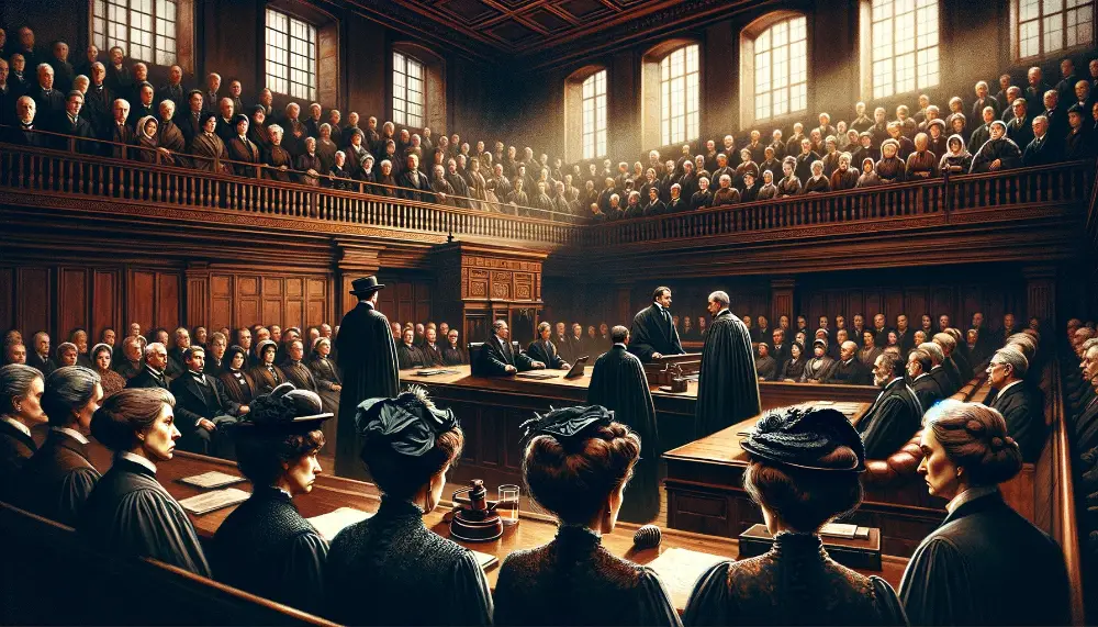 The Black Widows of Liverpool - Skirving Street and The Infamous Poisoning Plot 6 A gripping and intense image capturing The Trial and Sentencing of the Black Widows of Skirving Street in Liverpool. The scene is set in a grand ol
