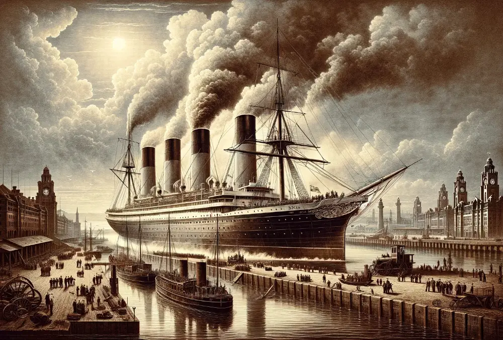 The First Steam-Powered Vessel to Cross the Atlantic 1 A historic depiction of the SS Great Western the first steam powered vessel to cross the Atlantic as it prepares to sail from Liverpool