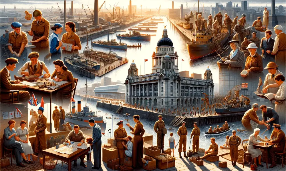 Liverpool During The Industrial Revolution 8 A historical and respectful illustration titled Liverpool During World War II. The image portrays the city of Liverpool during the 1940s focusing o