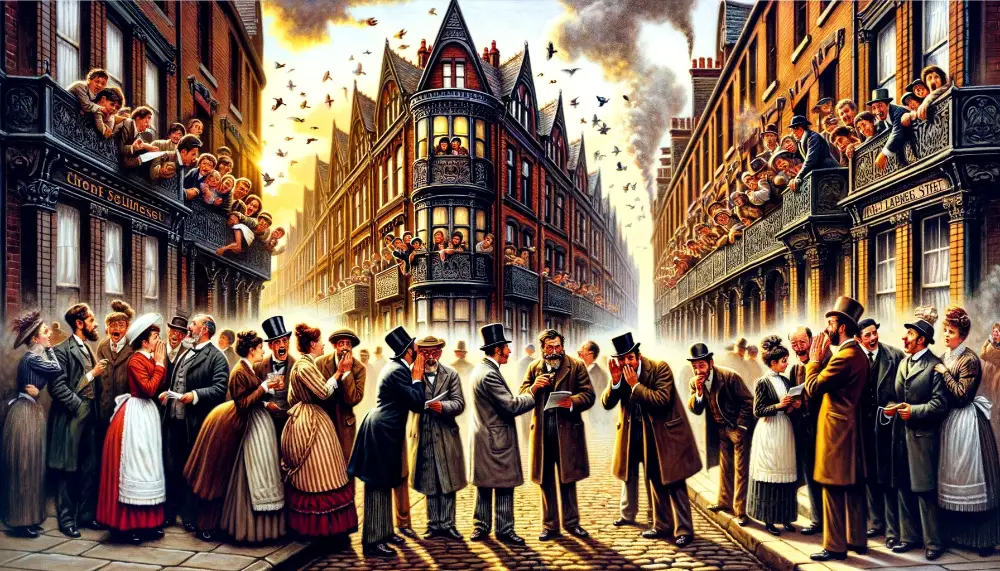 The Black Widows of Liverpool - Skirving Street and The Infamous Poisoning Plot 3 A lively and intriguing depiction of Skirving Street in Liverpool capturing the essence of gossip and discovery. The scene is bustling with activity