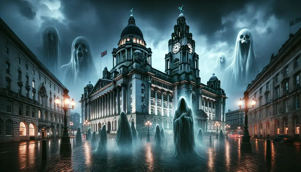 Exchange Flags & The Town Hall - Death and Undead Residents 1 A mysterious and haunting view of Exchange Flags and the Town Hall in Liverpool with a focus on the theme of Death and Undead Residents. The image