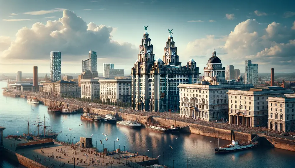 A panoramic view of Liverpool showcasing its historical landmarks. The image includes the iconic Royal Liver Building with its two liver birds perche