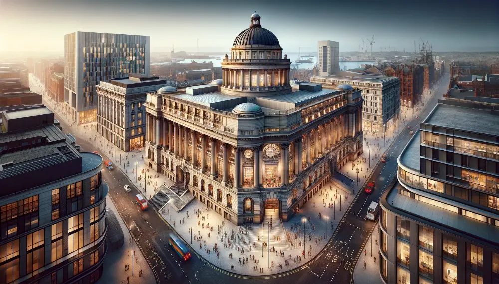 Liverpool Central Library: A Hub of Knowledge, History, and Culture in the Heart of the City 1 A panoramic view of the Liverpool Central Library in Liverpool England showcasing its blend of historic and contemporary architecture. The librarys