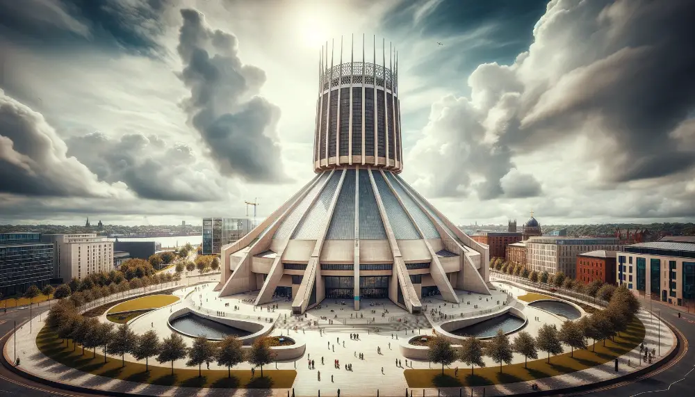 Liverpool Metropolitan Cathedral 1 A panoramic view of the Liverpool Metropolitan Cathedral known for its modern architectural design. The image showcases the unique circular structur