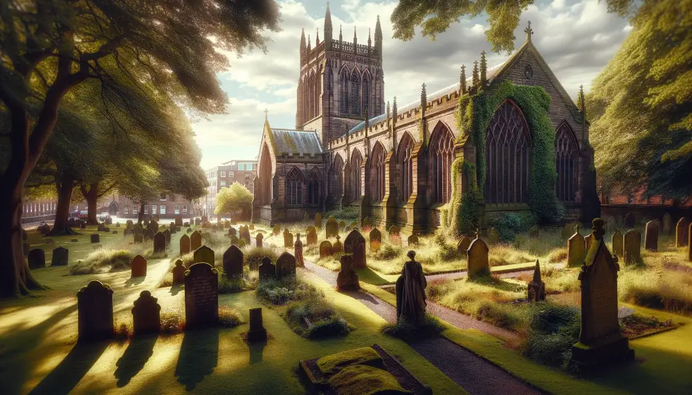 St Nic's Church and Churchyard - The Dead House: Tragedy and Plague Pits 1 A serene and historic view of St. Nicholas Church and Churchyard in Liverpool showcasing its ancient architecture and peaceful churchyard. The churc