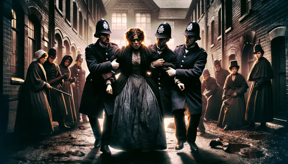 The Black Widows of Liverpool - Skirving Street and The Infamous Poisoning Plot 5 A tense and dramatic image portraying The Capture and Arrest of the Black Widows of Skirving Street in Liverpool. The scene captures the moment of C