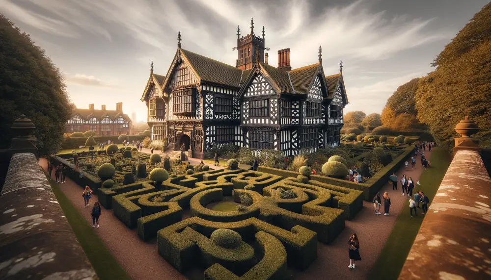 Speke Hall: Exploring Liverpool's Historic Tudor Manor 1 A wide angle view of Speke Hall in Liverpool showcasing its historic Tudor architecture. The scene is during a soft golden sunset casting a warm gl
