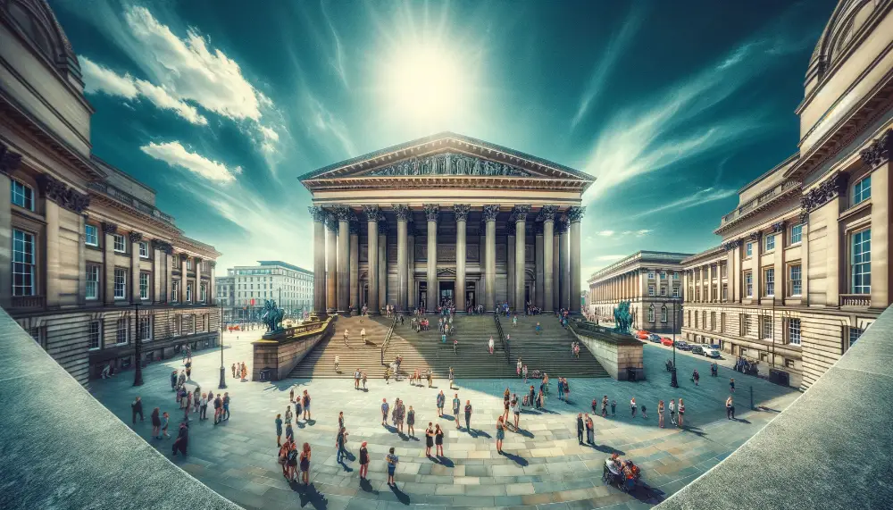 St George's Hall: A Victorian Masterpiece and Cultural Hotspot 1 A wide angle view of St Georges Hall in Liverpool capturing its grand Victorian architecture. The scene is set during a bright sunny day with a cle