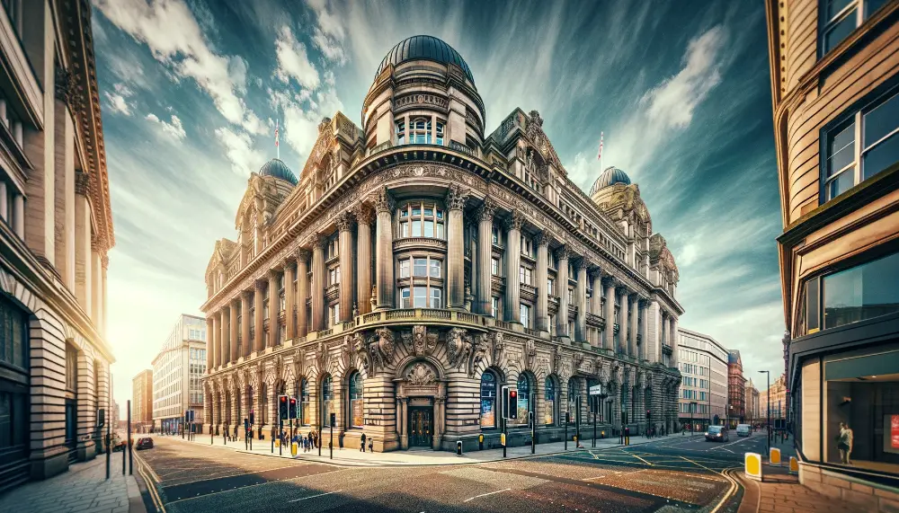 Adelphi Bank: A Legacy of Banking Services and Financial Institution 1 A wide angle view of the Adelphi Bank in Liverpool England. This image features the banks impressive Edwardian architecture with its ornate stone fa