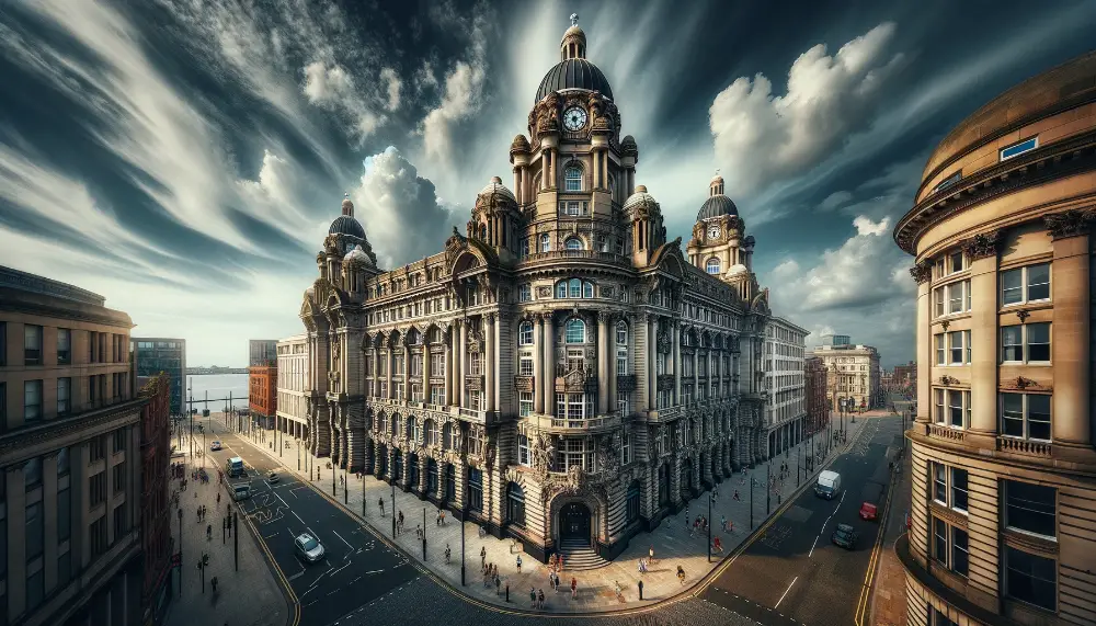 India Buildings: A Showcase of Indian Heritage and Colonial Architectural Beauty 1 A wide angle view of the India Buildings in Liverpool England. This image highlights the buildings striking Edwardian Baroque architecture with its