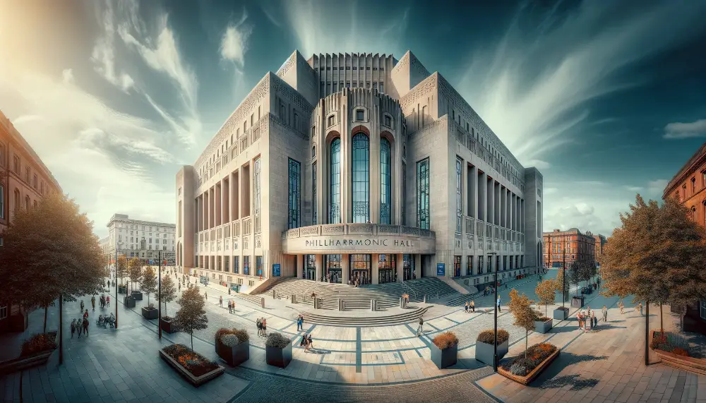 Philharmonic Hall: A Premier Concert Venue for Live Performances and Classical Music Events 1 A wide angle view of the Philharmonic Hall in Liverpool England. This image captures the distinctive Art Deco style of the building with its elegant