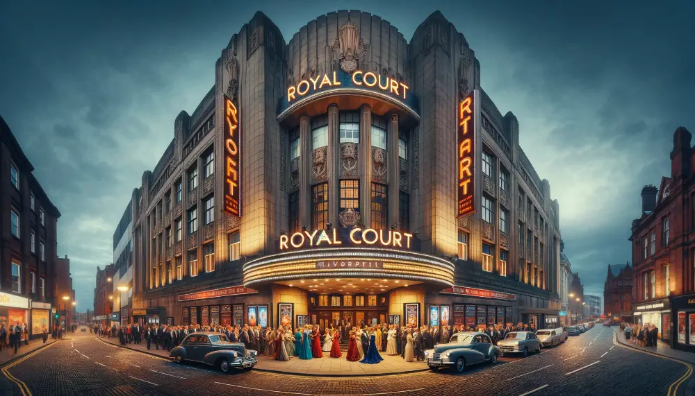 A wide angle view of the Royal Court Theatre in Liverpool capturing its classic art deco style facade with bold signage reading Royal Court. The th