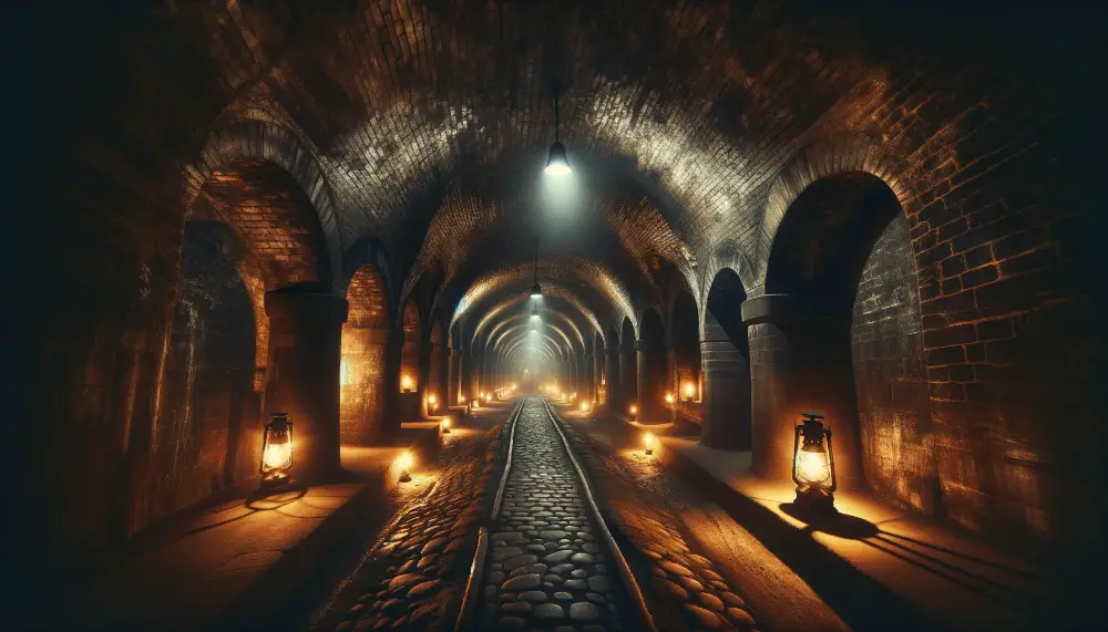Liverpool's Hidden Williamson Tunnels - Beneath the Streets of Liverpool 1 A wide atmospheric image capturing the essence of Liverpools Williamson Tunnels. The scene should depict the mysterious underground passageways wit