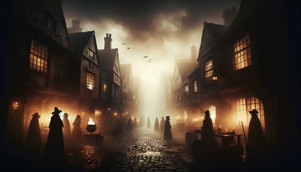 The Liverpool Witch Trials: A Unique Exploration 1 A wide atmospheric image capturing the essence of the Liverpool Witch Trials. The scene should depict a historical eerie setting in Liverpool during