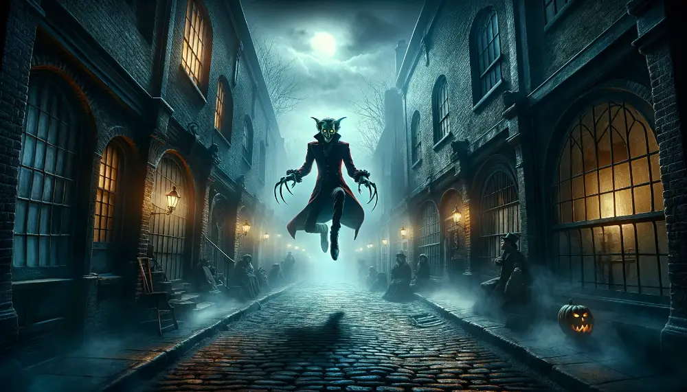 Spring-Heeled Jack - Terror Incarnate 1 A wide atmospheric image capturing the essence of the legend of Spring Heeled Jack known as Terror Incarnate. The scene should be dark and forebodin