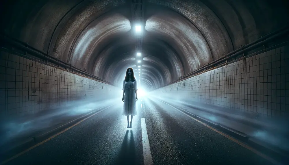 The Hitch Hiker of Queensway Tunnel 1 A wide atmospheric image capturing the essence of the legend of the female hitch hiker haunting the Queensway Tunnel in Liverpool. The scene should d