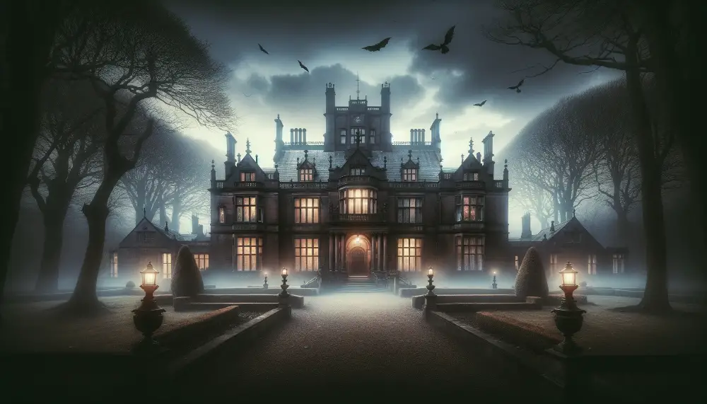 Haunted Croxteth Hall: Exploring Liverpool's Ghostly Mansion 1 A wide atmospheric image capturing the haunted essence of Croxteth Hall in Liverpool. The scene should depict the majestic and historic Croxteth Hall
