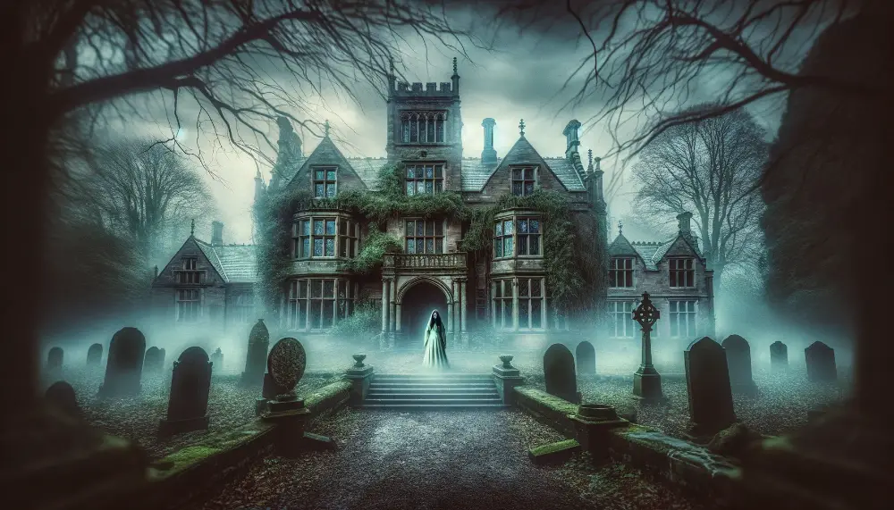 The Green Lady of Childwall Hall - Uncovering the Eerie Legend 1 A wide atmospheric image capturing the legend of the Green Lady of Childwall Hall in Liverpool. The scene should depict the historic mansion Childwa