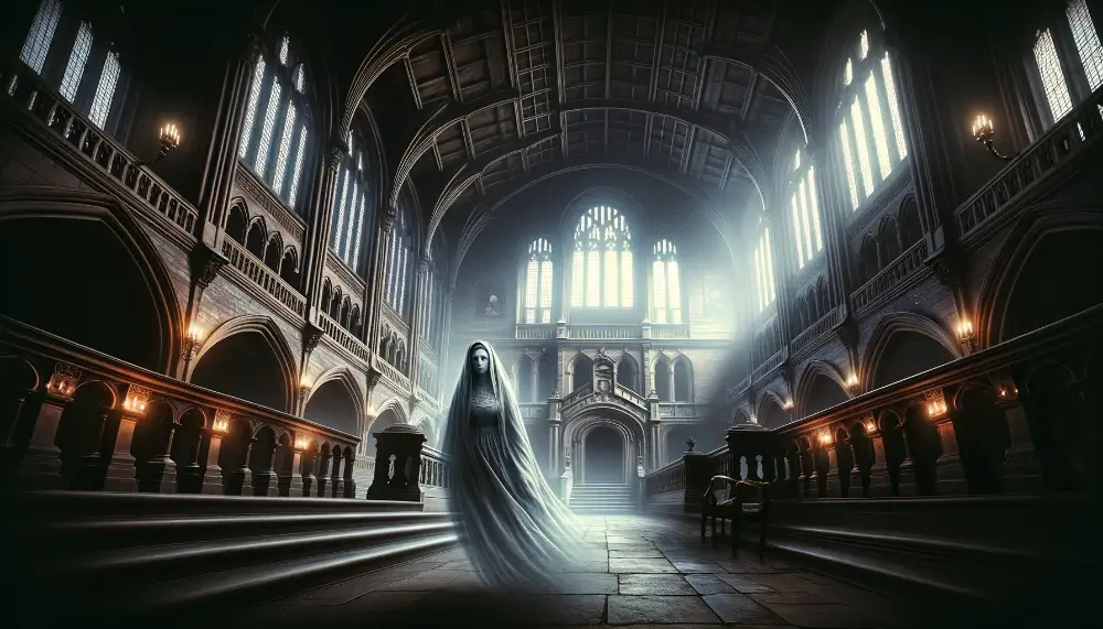 Grey Lady of Speke Hall and Other Ghosts 1 A wide atmospheric image capturing the legend of the Grey Lady of Speke Hall in Liverpool. The scene should depict Speke Hall a historic and famousl
