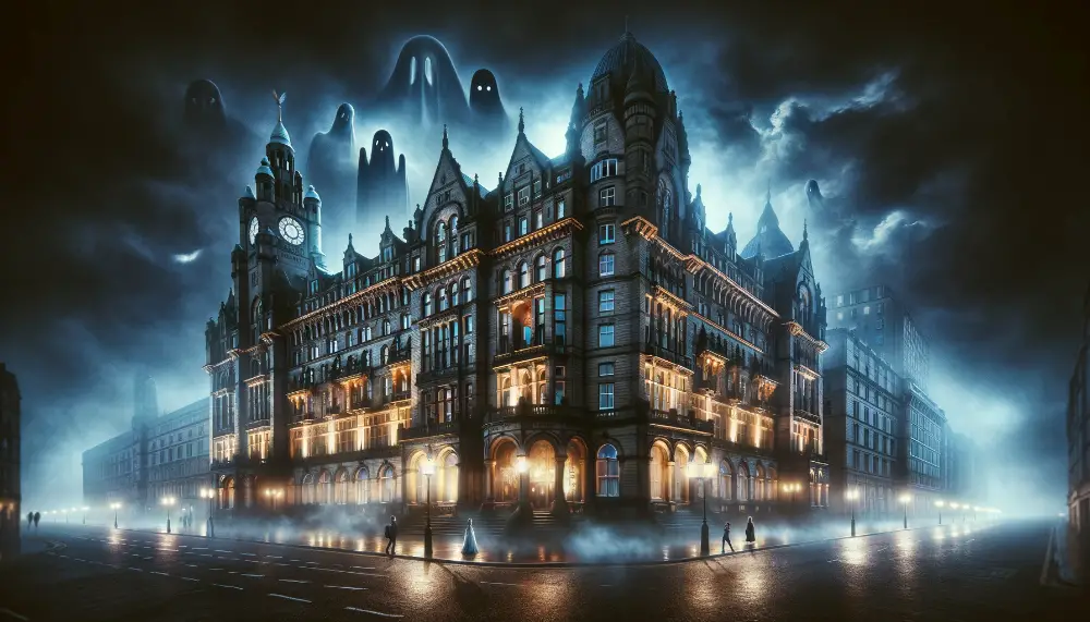 The Adelphi Hotel in Liverpool - Tales of ghostly appearances 1 A wide atmospheric image capturing the tales of ghostly appearances at the Adelphi Hotel in Liverpool. The scene should depict the grand and historic