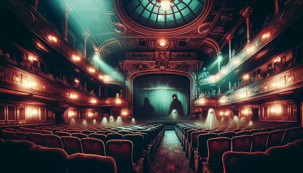 The Hauntings of Epstein Theatre 1 A wide atmospheric image representing the hauntings of Epstein Theatre in Liverpool. The scene should vividly capture the interior of the historic th