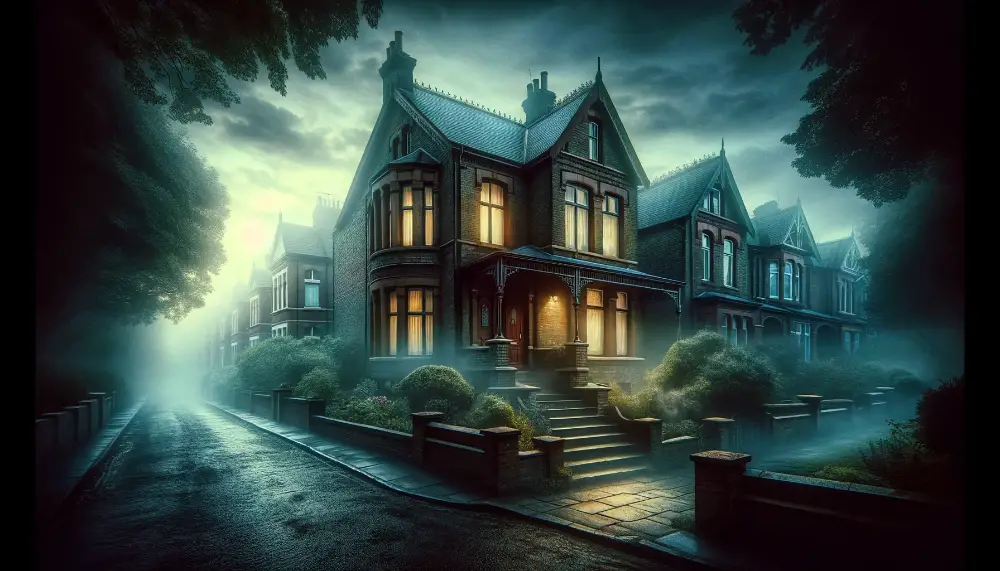 John Lennon's Haunted Childhood Home 1 A wide atmospheric image showcasing John Lennons haunted childhood home in Liverpool. The scene should vividly portray the essence of the house ren