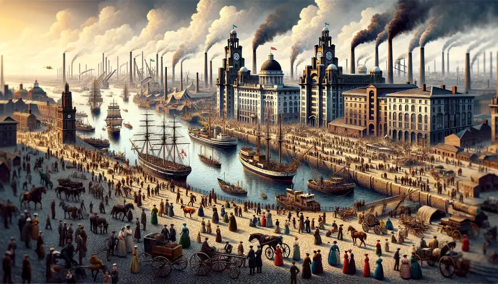 Cultural and Social Impact of The Industrial Revolution on Liverpool 1 A wide detailed image representing the cultural and social impacts of the Industrial Revolution on Liverpool. The image should depict a bustling Live