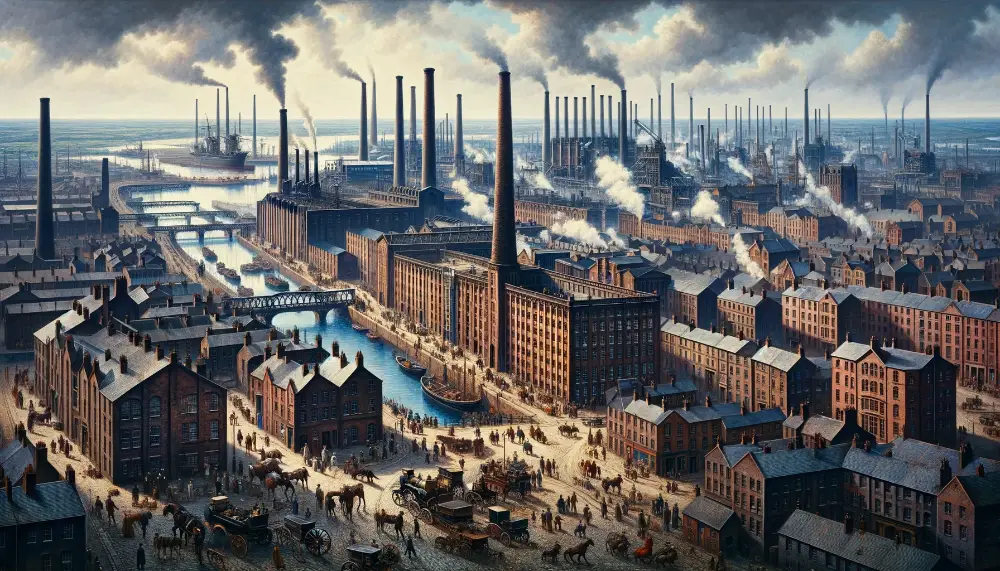 The Industrial Growth and Urbanization of Liverpool During the Industrial Revolution 1 A wide historical painting capturing the industrial growth and urbanization of Liverpool during the Industrial Revolution. The scene is a bustling vie