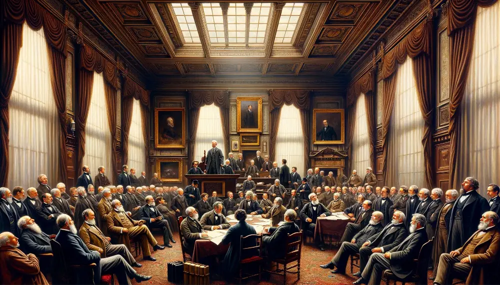 Liverpool Philanthropists and Social Reformers 1 A wide historical painting depicting a group of Liverpool philanthropists and social reformers from the 19th century engaged in a meeting in a grand
