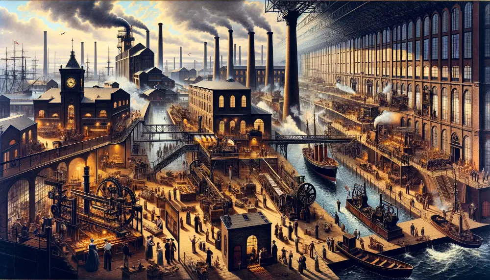 Innovations in Manufacturing and Technology in Liverpool During The Industrial Revolution 1 A wide historical painting depicting innovations in manufacturing and technology in Liverpool during the Industrial Revolution. The scene showcases a