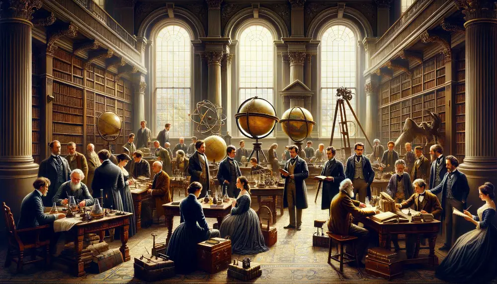 Liverpool Academics and Scientists 1 A wide historical painting showcasing a group of Liverpool academics and scientists from the 19th century. The setting is a classic academic environme