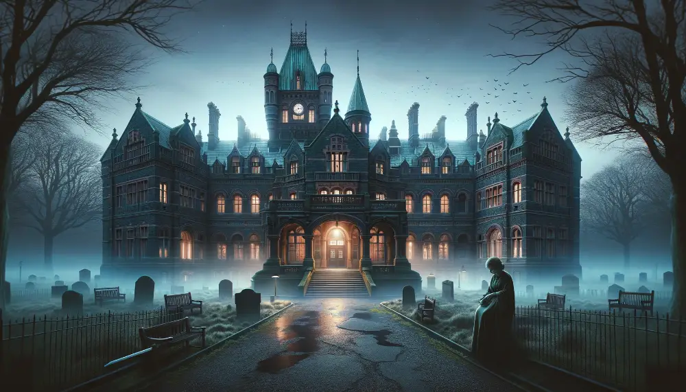 Newsham Park Hospital - The Assylum's Unique History and Hauntings 1 A wide image depicting Newsham Park Hospital in Liverpool showcasing its unique architecture and eerie atmosphere. The scene is set in the evening wi