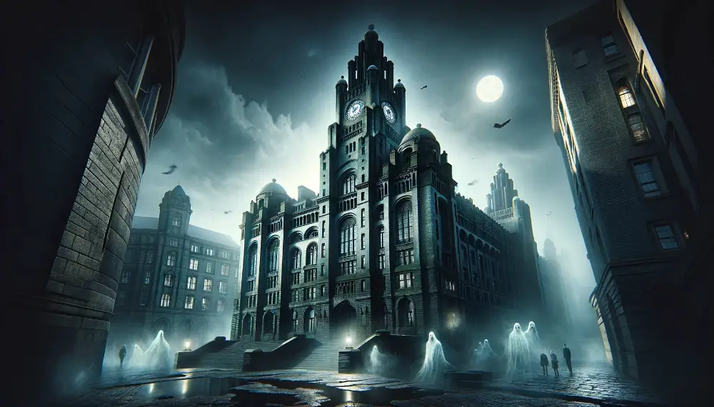 The Tower Buildings - Liverpool's Most Haunted Location: A Terrifying Glimpse into History 1 An eerie and atmospheric image of the Tower Buildings in Liverpool rumored to be the citys most haunted location. The building is depicted in a Goth