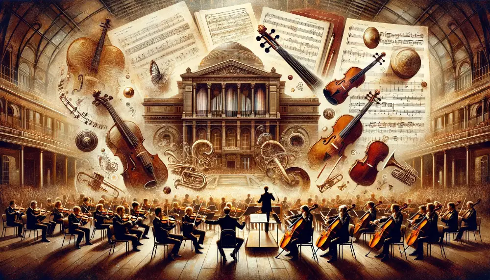 Liverpool Philharmonic Orchestra and Classical Music 1 An elegant and classical wide collage representing the Liverpool Philharmonic Orchestra. The image should capture the grandeur and sophistication of o