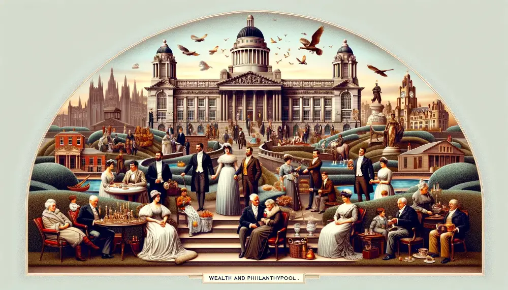 Liverpool During The Industrial Revolution 6 An elegant historical illustration titled Wealth and Philanthropy in Liverpool. The image depicts the contrast and connection between wealth and ph