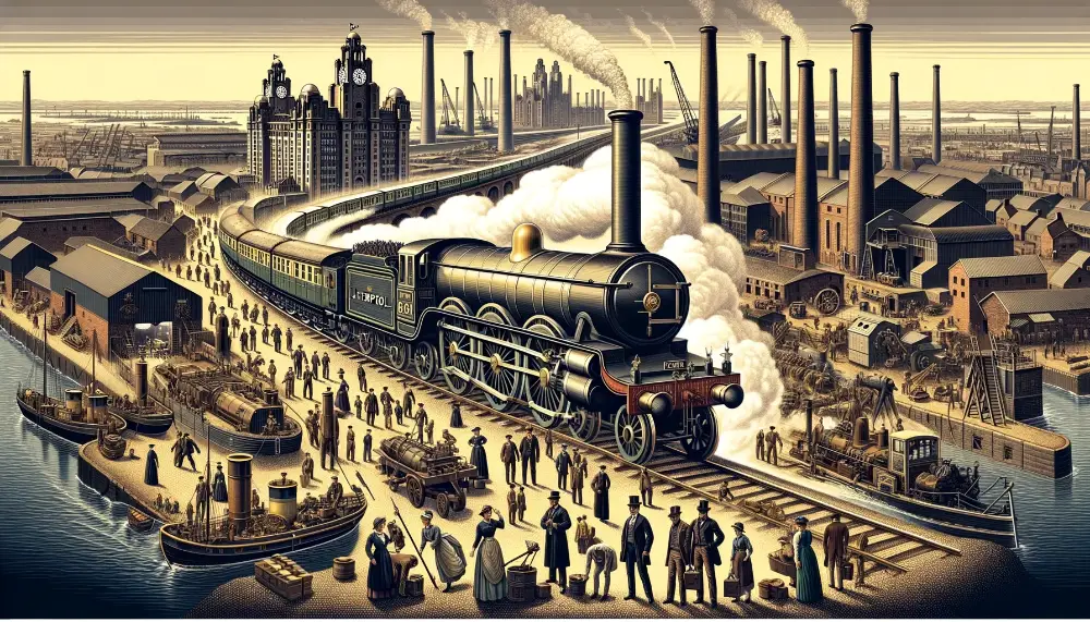 Liverpool During The Industrial Revolution 4 An industrial era illustration depicting The Rockets Impact on Liverpools Industrial Growth. The image features the iconic Rocket locomotive by