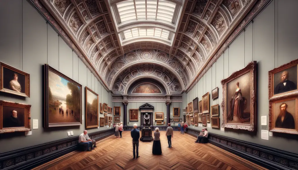 DALL·E 2024 01 03 18.00.23 The Victorian and Pre Raphaelite Art Collection inside the Walker Art Gallery Liverpool. The gallery interior is elegant and classic with high ceili